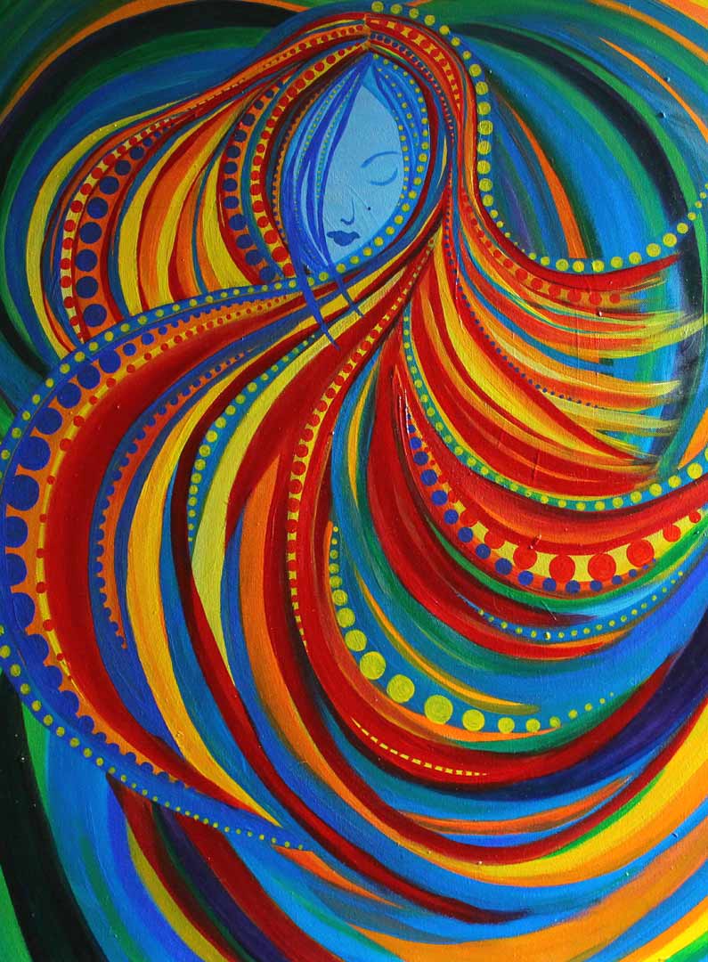 Acrylic painting called "She Dances" is an image of a woman with swirls of bright color strokes of red, orange, and yellow. There are blue and green curved strokes in the background. There are orbs of yellow and blue throughout the painting.