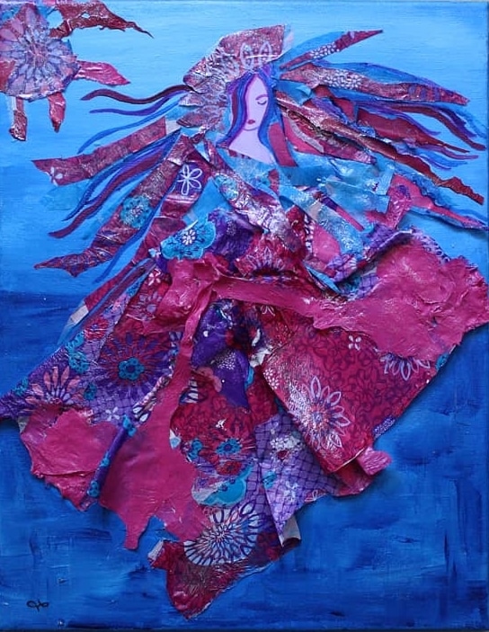 blue and pink melted plastic collaged female figure floating on a blue acrylic painted background with hair flying behind her and an abstract sun shape radiating in the upper left hand corner of canvas