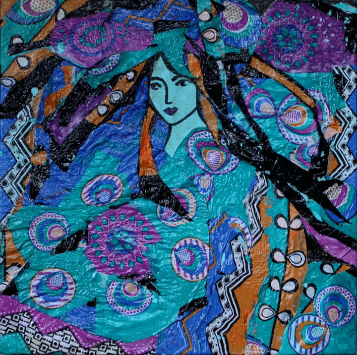 female face drwn in black ink surrounded by blue, purple, orange, and black melted plastic collaged on a square shaped canvas